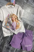 Kız Çocuk Üzeri Digital Bebek ve At Baskılı Yazı Detaylı T-shirt Lila Şortlu Takım thumbnail 1