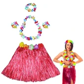 Hawaii Dans Kostümü – Kırmızı Hula Etek & Çiçek Kolye Seti - 1