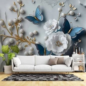 3D Beyaz Çiçek ve İnci Duvar Kağıdı Baskı thumbnail 1