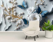 3D Beyaz Çiçek ve İnci Duvar Kağıdı Baskı thumbnail 5