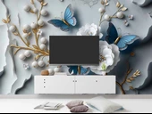 3D Beyaz Çiçek ve İnci Duvar Kağıdı Baskı thumbnail 3