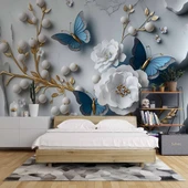 3D Beyaz Çiçek ve İnci Duvar Kağıdı Baskı thumbnail 2
