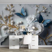 3D Beyaz Çiçek ve İnci Duvar Kağıdı Baskı thumbnail 4