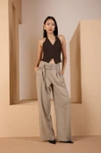 Açık Haki Kemerli Geniş Paça Pantolon - 2