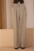 Açık Haki Kemerli Geniş Paça Pantolon - 4