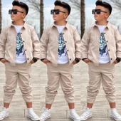 MODAVALS GABARDİN GÖMLEK KARGO CEP PANTOLON ve KAPLAN BASKILI TSHIRT 3 PARÇA ERKEK ÇOCUK TAKIM - 4