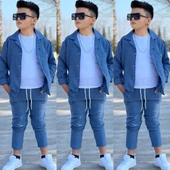 MODAVALS KOL KATLAMALI KETEN GÖMLEK & BELİ LASTİKLİ KETEN PANTOLON & PAMUKLU TSHIRT & ZİNCİR AKSESUAR 4LÜ KETEN ERKEK ÇOCUK TAKIM - 1