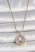 Gold Renk Zincir Mor Çiçek İşlemeli İnci Detay Potre Model Kadın Kolye -  EBJ250510W33745 thumbnail 1
