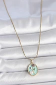 Gold Renk Zincir Mavi Çiçek İşlemeli İnci Detay Portre Model Kadın Kolye -  EBJ250510W33740 thumbnail 2