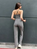 Kadın İp Askılı Siyah Beyaz Çizgili Uzun Basic Tulum - 3