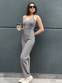 Kadın İp Askılı Siyah Beyaz Çizgili Uzun Basic Tulum - 2