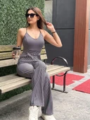 Kadın İp Askılı Siyah Beyaz Çizgili Uzun Basic Tulum - 5