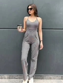 Kadın İp Askılı Siyah Beyaz Çizgili Uzun Basic Tulum - 1