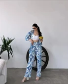 Kadın Açık Mavi Desenli Kimono Ve Pantolon İkili Takım - 1
