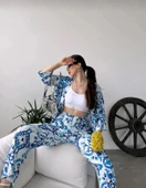 Kadın Açık Mavi Desenli Kimono Ve Pantolon İkili Takım - 2