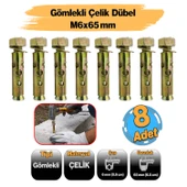 ( 8 Adet ) Saplamalı Gömlek Çelik Dübel M6x65 mm Raf Montaj Bağlantı Zemin Monte Betona Asma Aparat - 1