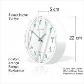 Beyaz Çerçeve Beyaz Zemin 22cm Arapça Farsça Fosforlu Duvar Saati - 2
