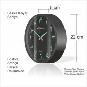 Küçük Siyah Çerçeve Zemin 22cm Arapça Farsça Fosforlu Duvar Saati - 2