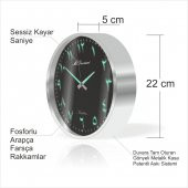 Metalik Çerçeve Siyah Zemin Arapça Farsça Fosforlu Duvar Saati thumbnail 2