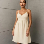 Kadın Yazlık Kısa Askılı Rahat Helen Keten Elbise thumbnail 3