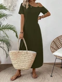 Kadın Tek Omuzdan Açık Toka Detaylı Yandan Yırtmaçlı Maksi Boy Viskon Elbise - 2