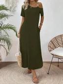 Kadın Tek Omuzdan Açık Toka Detaylı Yandan Yırtmaçlı Maksi Boy Viskon Elbise - 1