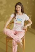 Kadın Desenli Bisiklet Yaka Düğmesiz Pamuklu Yazlık Kısa Kol Pijama Takımı - 2