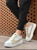 ET0423 Kalın Yüksek Taban Beyaz Krem Bağcıklı Spor Erkek Ayakkabı thumbnail 2