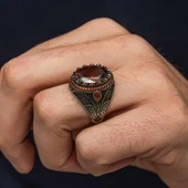 Oval Kırmızı Taşlı 925 Gümüş Erkek Yüzük thumbnail 4