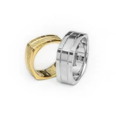 Kare Tasarım Çizgili Çift Gümüş Alyans Yüzük thumbnail 2