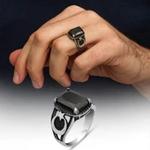 Ayyıldız Desenli Siyah Taşlı 925 Gümüş Erkek Yüzük thumbnail 1