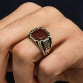 Akik Taşlı Grek Desenli 925 Gümüş Erkek Yüzük - 3