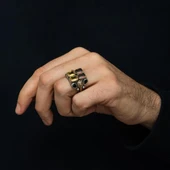 Sarı Kırmızı Aslan Motifli 925 Ayar Erkek Gümüş Yüzük thumbnail 4