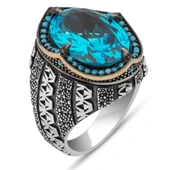 Oval Aqua Mavi Taşlı 925 Gümüş Erkek Yüzük thumbnail 2