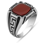 Akik Taşlı Grek Desenli 925 Gümüş Erkek Yüzük - 2