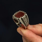 Akik Taşlı Grek Desenli 925 Gümüş Erkek Yüzük - 6