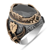 Siyah Taşlı Harfli 925 Ayar Erkek Gümüş Yüzük - 2