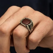 Akik Taşlı Grek Desenli 925 Gümüş Erkek Yüzük - 7