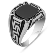 Siyah Oniks Taşlı Grek Desenli 925 Gümüş Erkek Yüzük thumbnail 2