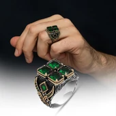 Yeşil 4 Taşlı 925 Gümüş Erkek Yüzük thumbnail 1