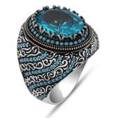 Oval Aqua Mavi Taşlı 925 Gümüş Erkek Yüzük thumbnail 2