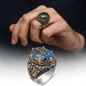 Oval Mistik Topaz Taşlı 925 Gümüş Erkek Yüzük - 1