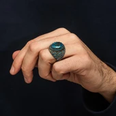 Oval Aqua Mavi Taşlı 925 Gümüş Erkek Yüzük thumbnail 5