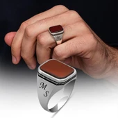 Akik Taşlı Harfli 925 Gümüş Yüzük - 1