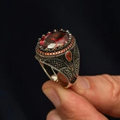 Oval Kırmızı Taşlı 925 Gümüş Erkek Yüzük thumbnail 3