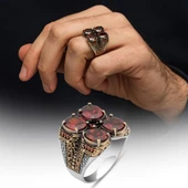 Kırmızı 4 Taşlı 925 Erkek Gümüş Yüzük thumbnail 1