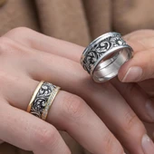 Oyma Desenli Taşlı Çift Gümüş Alyans Yüzük thumbnail 8