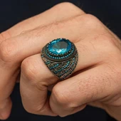 Oval Aqua Mavi Taşlı 925 Gümüş Erkek Yüzük thumbnail 3