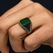 Yeşil Akik Taşlı Kare 925 Erkek Gümüş Yüzük thumbnail 3