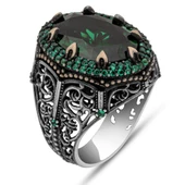 Oval Yeşil Taşlı 925 Gümüş Erkek Yüzük thumbnail 2